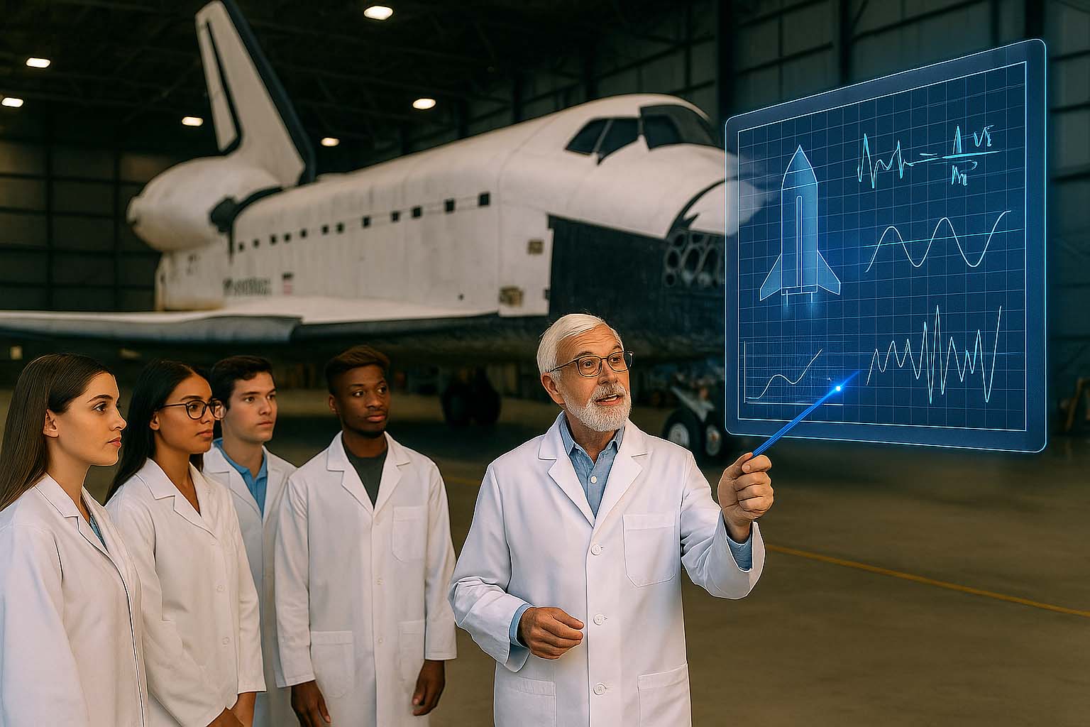 Professor pointing at a holographic board in front of students and a space shuttle